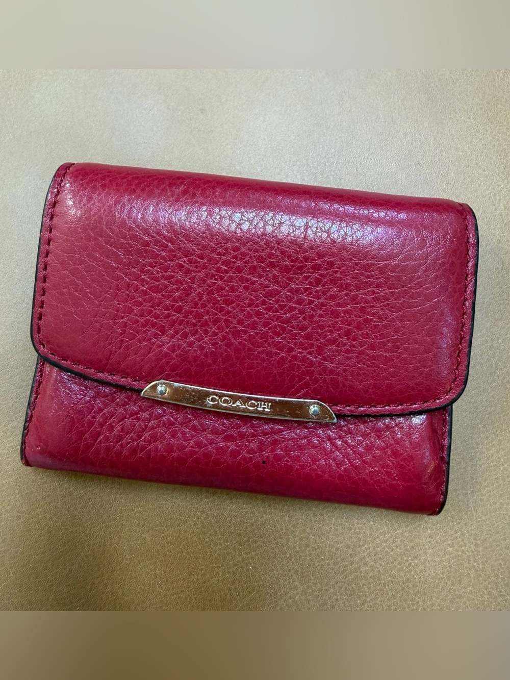 Coach Red Pebbled Leather Compact Wallet with Metal Logo, OS